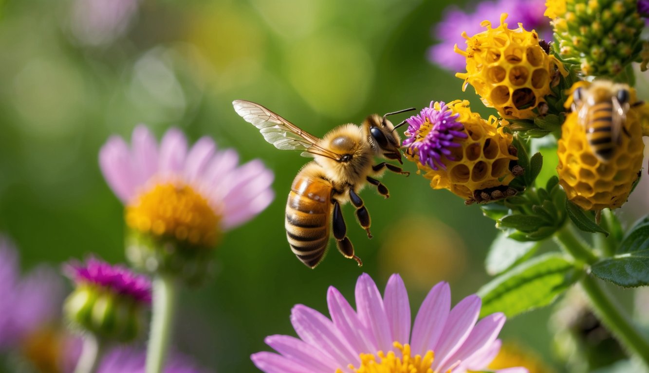 Bees collect nectar from flowers, then bring it back to the hive where it is transformed into honey and stored in honeycomb cells