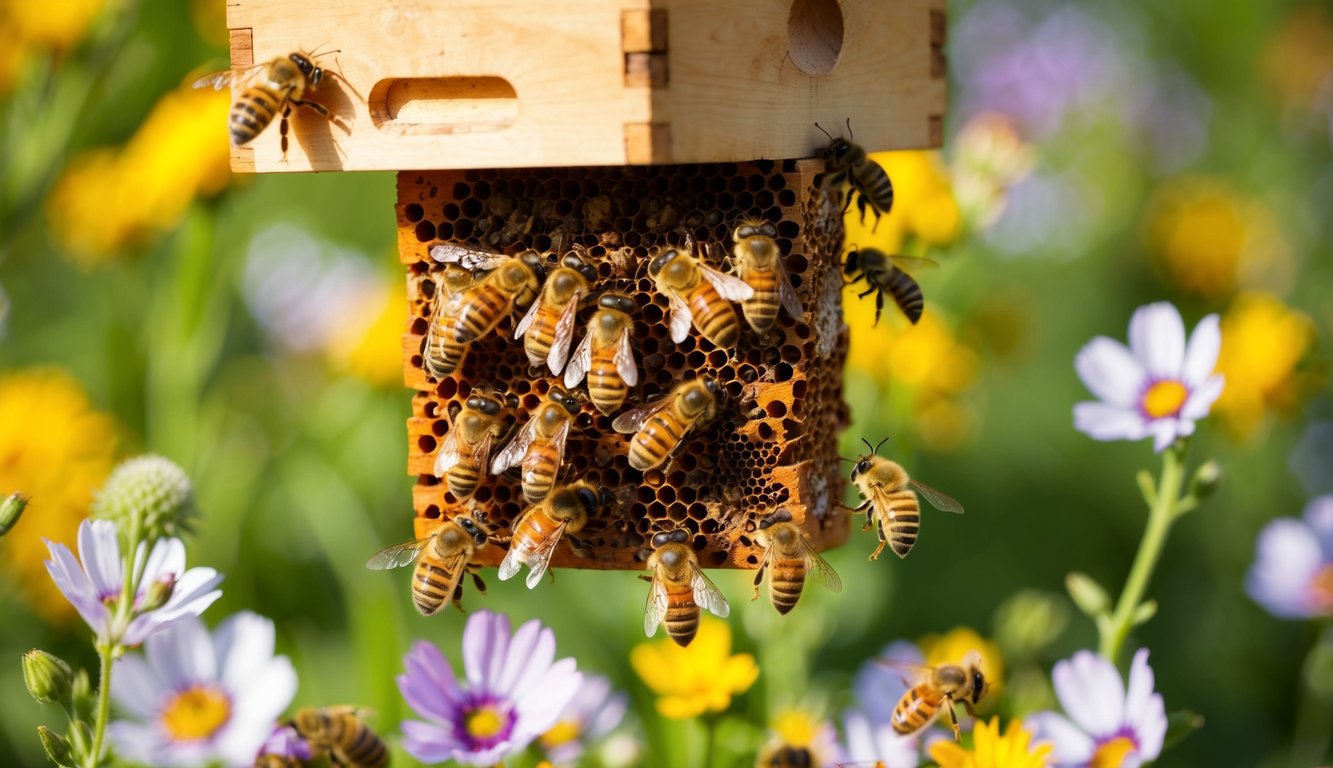 A busy beehive with bees collecting nectar from flowers and transforming it into honey