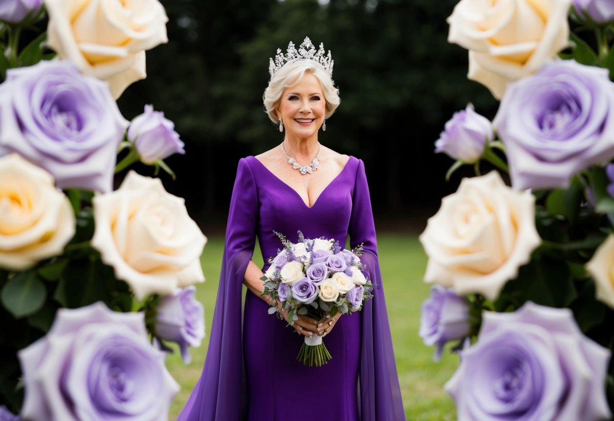 The mother of the bride stands in a regal purple gown, surrounded by a bouquet of lavender and cream roses