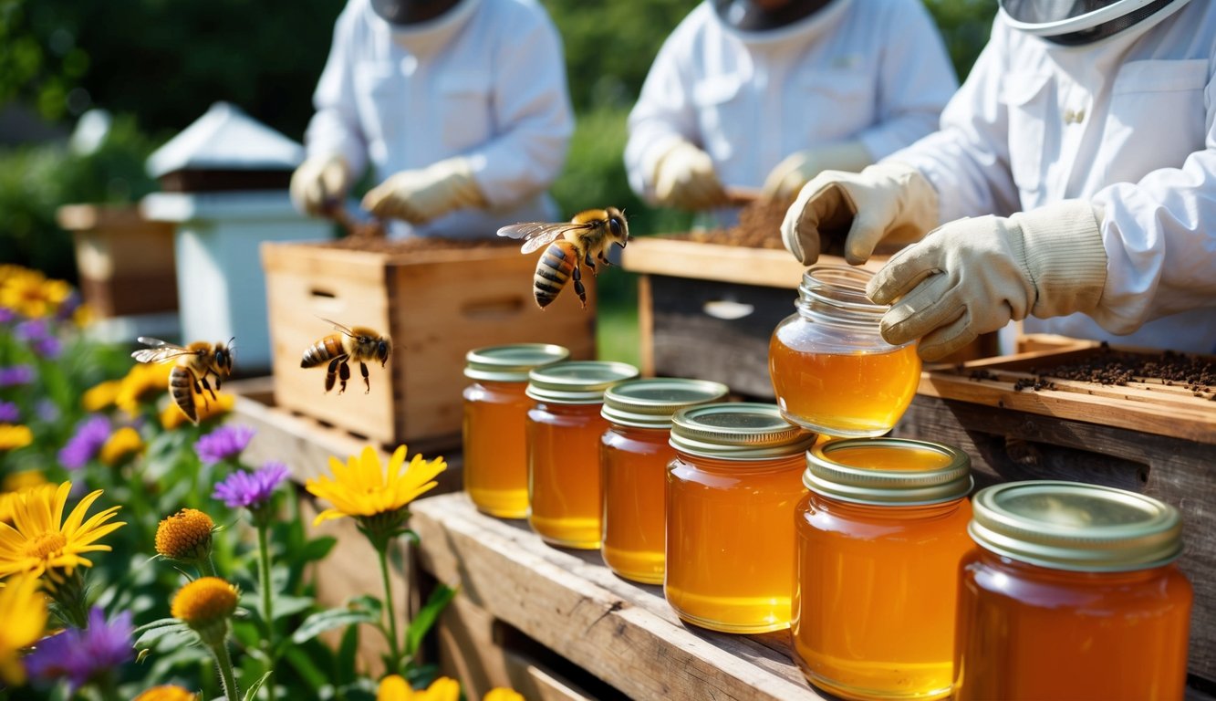 Bees collecting nectar from flowers, beekeepers tending to hives, jars of honey being sold at a market