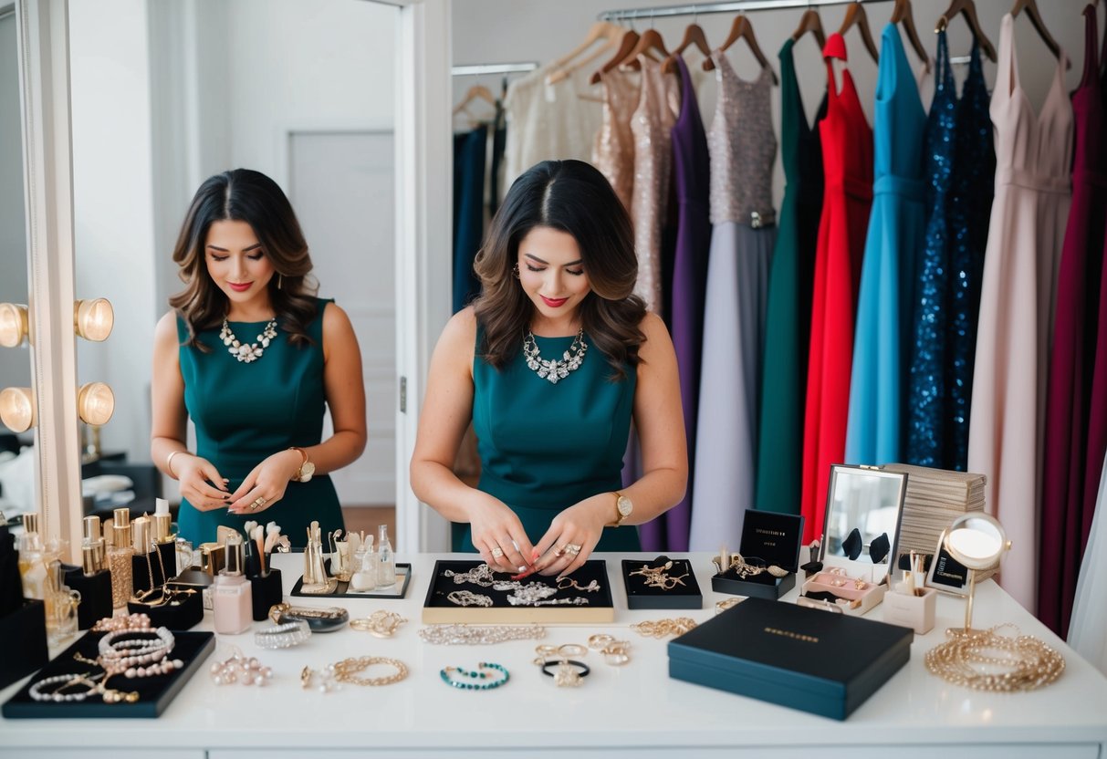 A woman arranging jewelry on a dressing table, surrounded by various accessories and a selection of elegant dresses in different shades