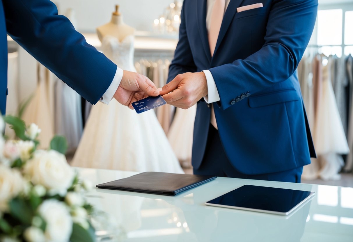 A groom handing over a credit card to a salesperson at a bridal boutique