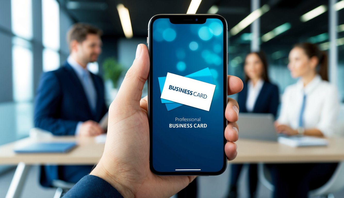 A hand holding a smartphone with a sleek digital business card displayed on the screen. The background could feature a modern office setting or a professional networking event