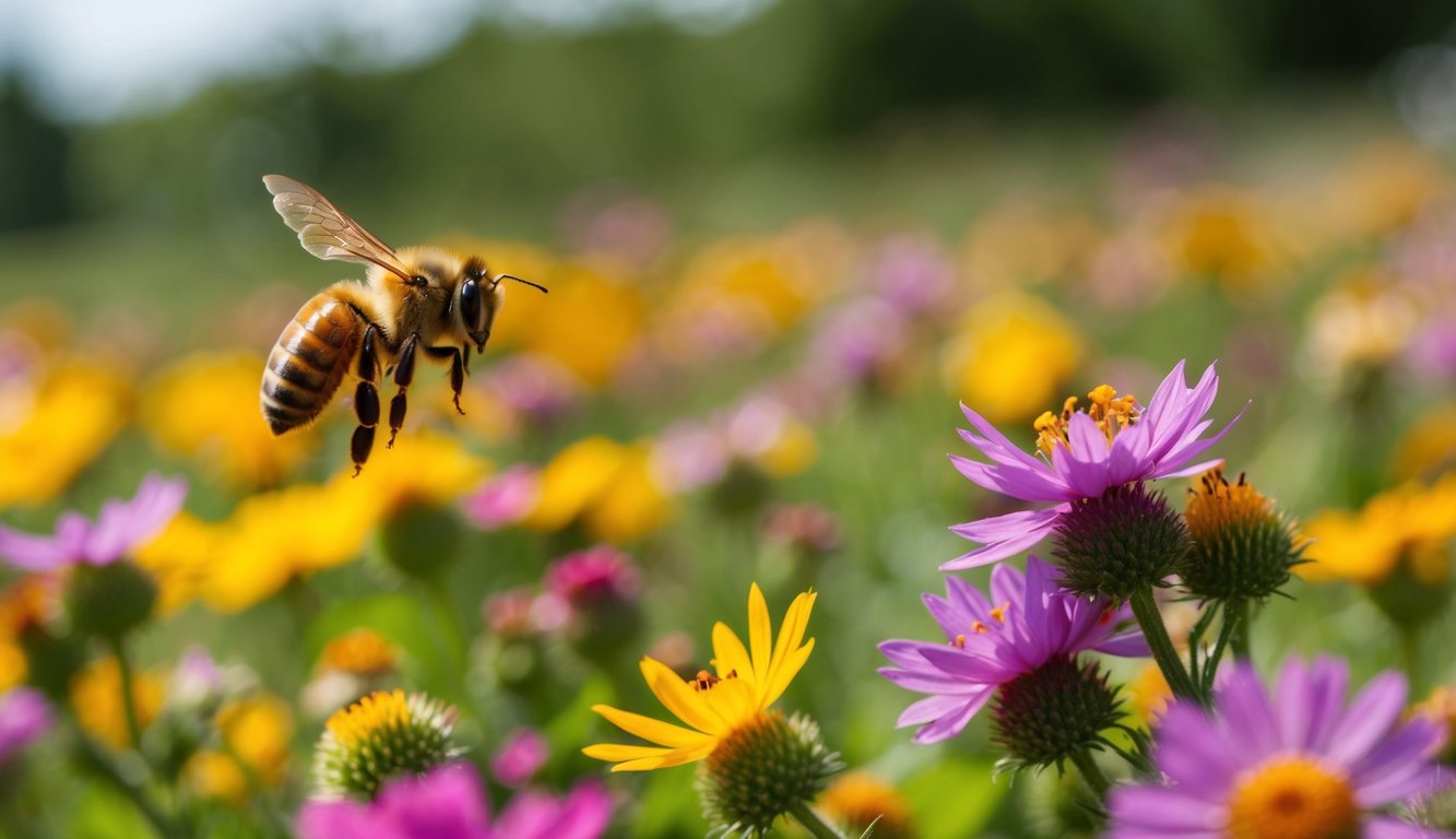 A bee hovers over a field of colorful flowers, collecting nectar to make honey in a bustling hive