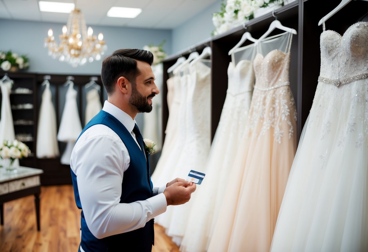 A groom holding a credit card while looking at a display of wedding dresses in a bridal shop