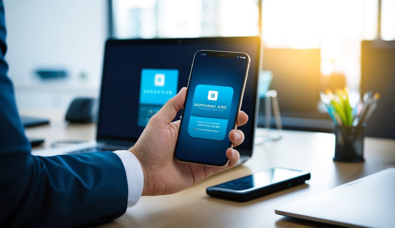 A hand holding a smartphone, with a sleek and modern digital business card displayed on the screen. The background is a professional office setting with a laptop and other business essentials