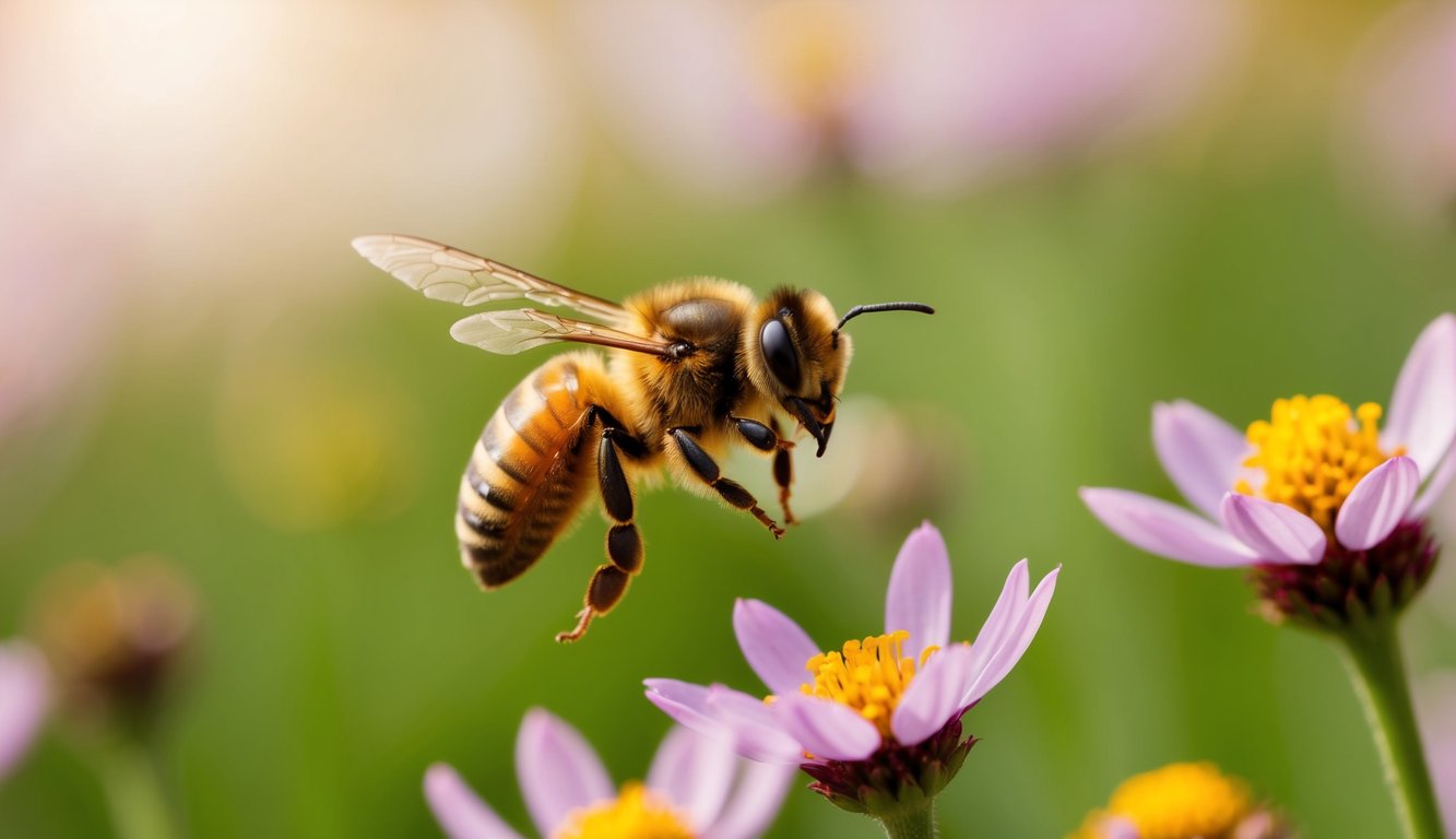 A bee hovering over blooming flowers, collecting nectar to make honey