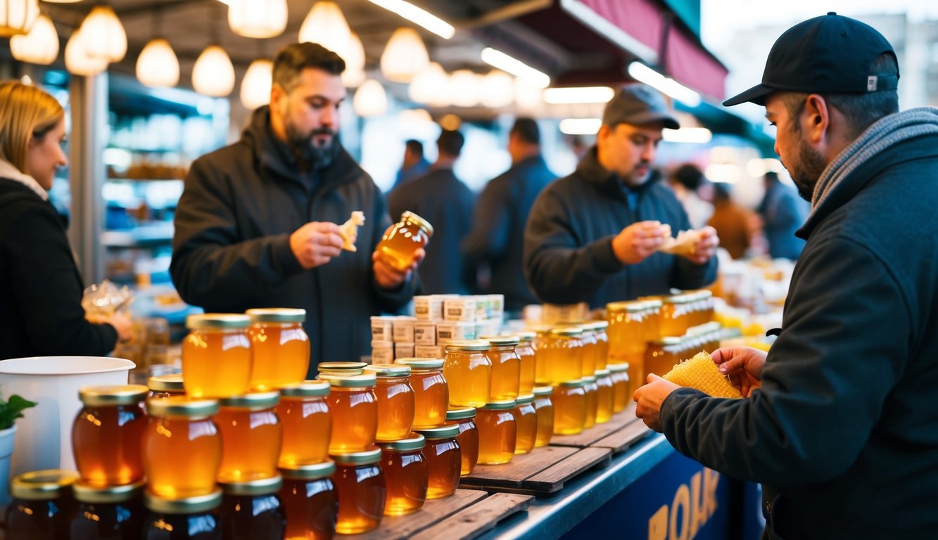 A busy market stall with jars of honey displayed, customers sampling and purchasing, and a vendor handling transactions