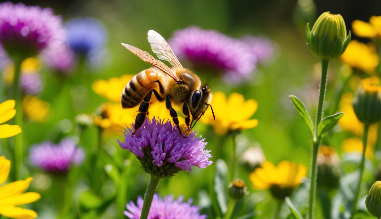 A bee busily collecting nectar from colorful flowers in a sunlit meadow