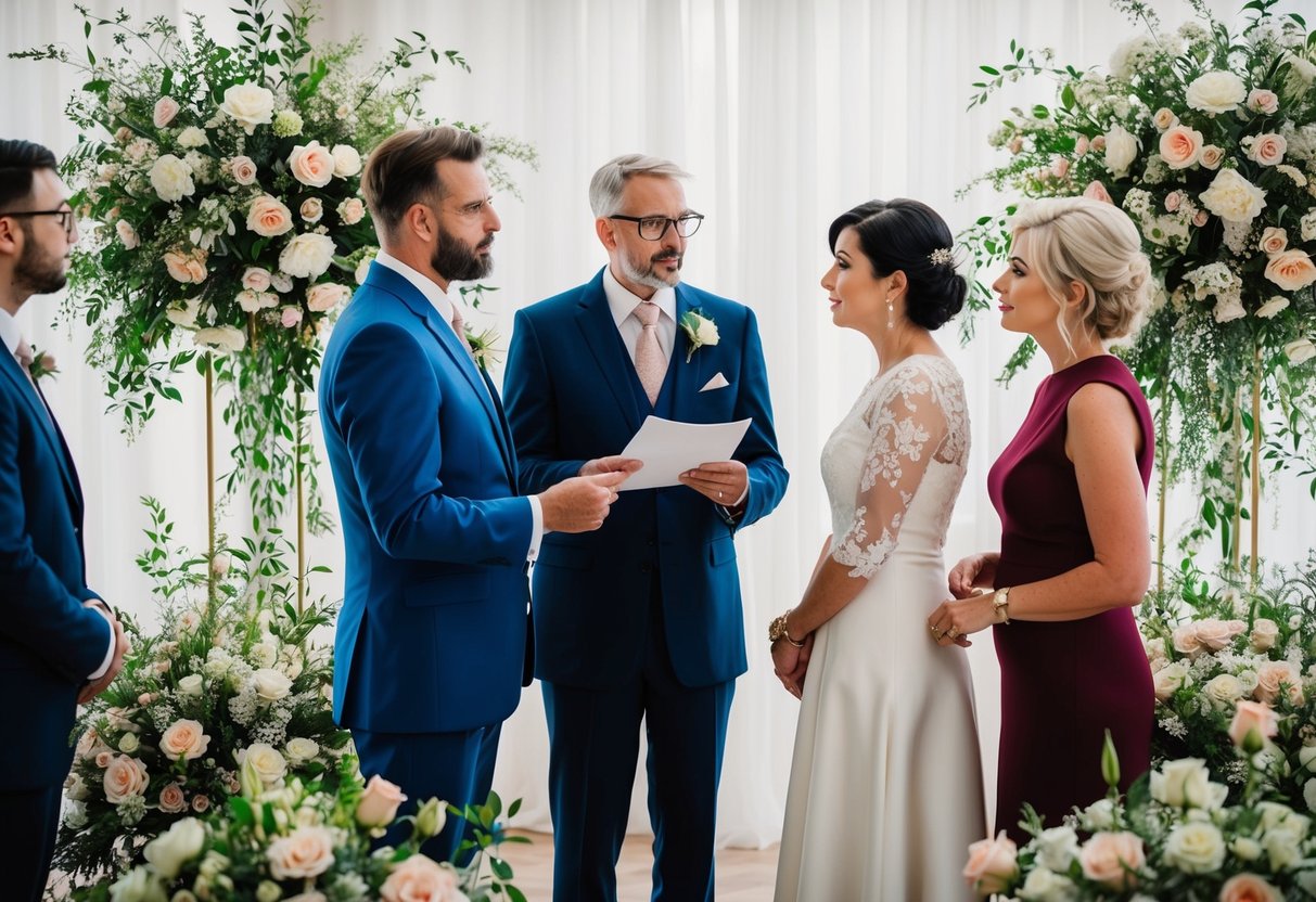 The groom's parents discussing wedding expenses with a planner, surrounded by floral arrangements and a wedding venue layout