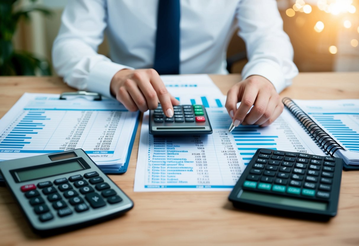 A wedding planner surrounded by spreadsheets and a calculator, considering costs