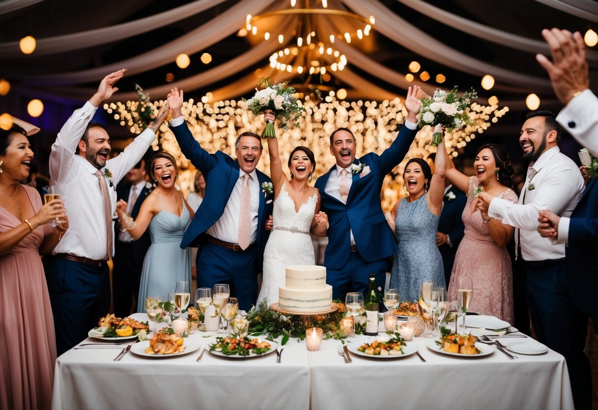 A joyful wedding reception with the groom's parents hosting and paying for the celebration, including decorations, food, and entertainment