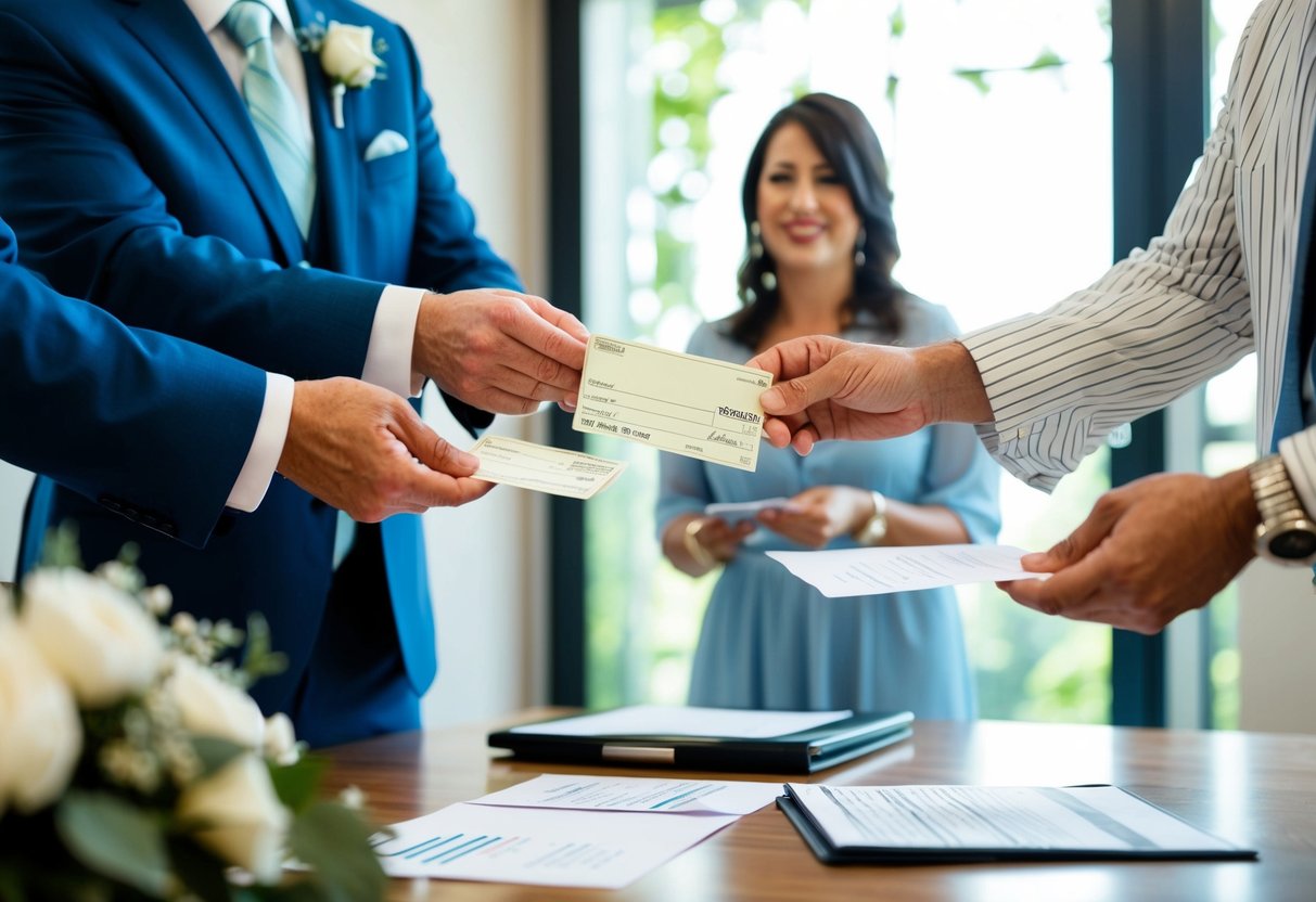 The groom's parents handing over a check or cash to the wedding planner or venue coordinator, with a list of payments for various wedding expenses