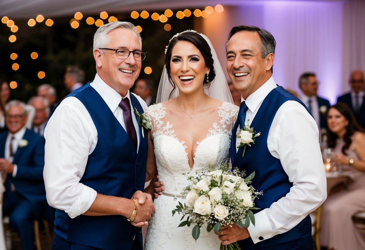 Divorced parents standing on opposite sides of the bride, both smiling and congratulating her at the wedding reception