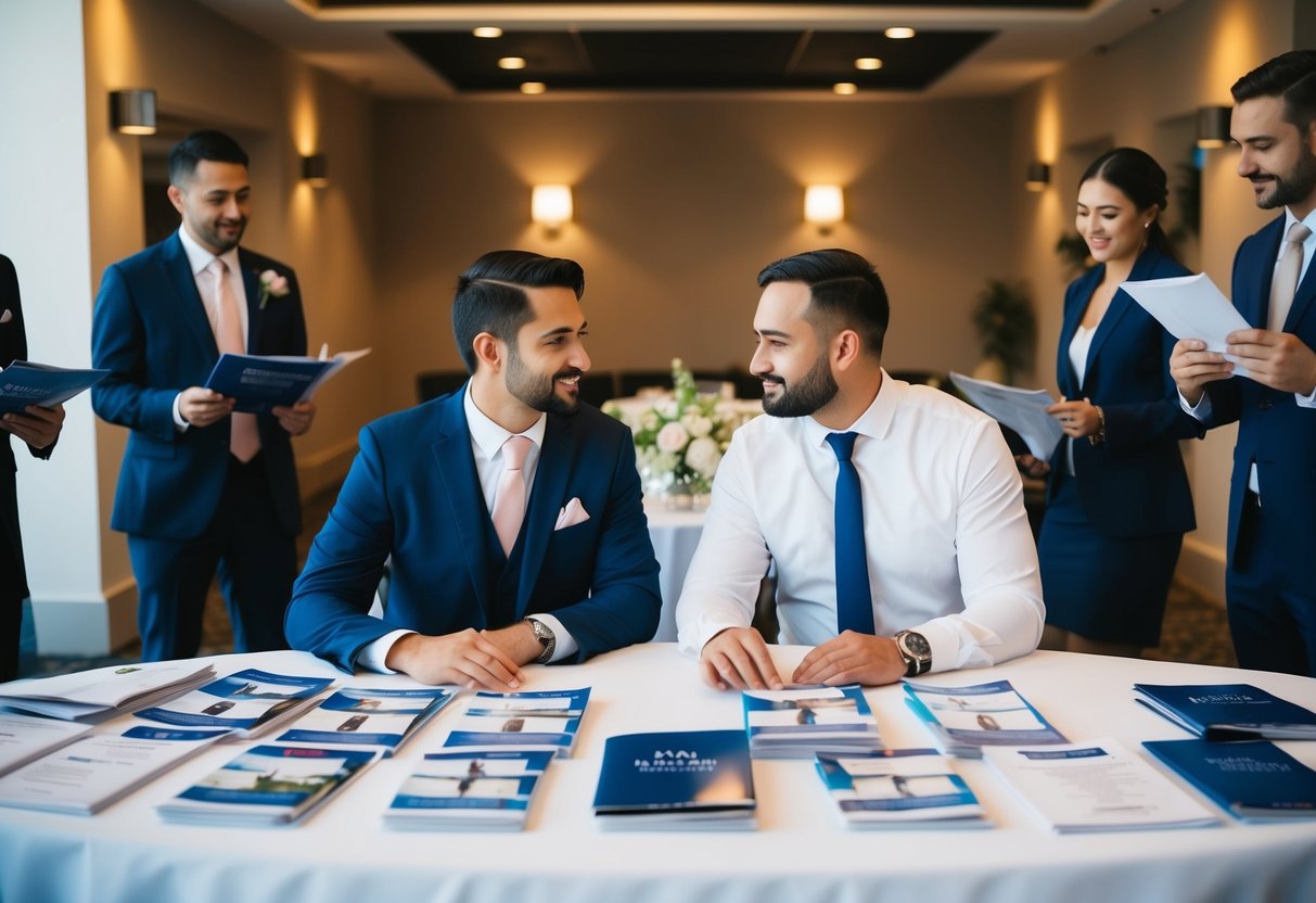 A couple seated at a table, surrounded by brochures and price lists, discussing with vendors and venue representatives