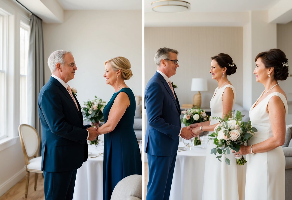 Divorced parents stand on opposite sides, each helping with wedding preparations, while maintaining respectful distance