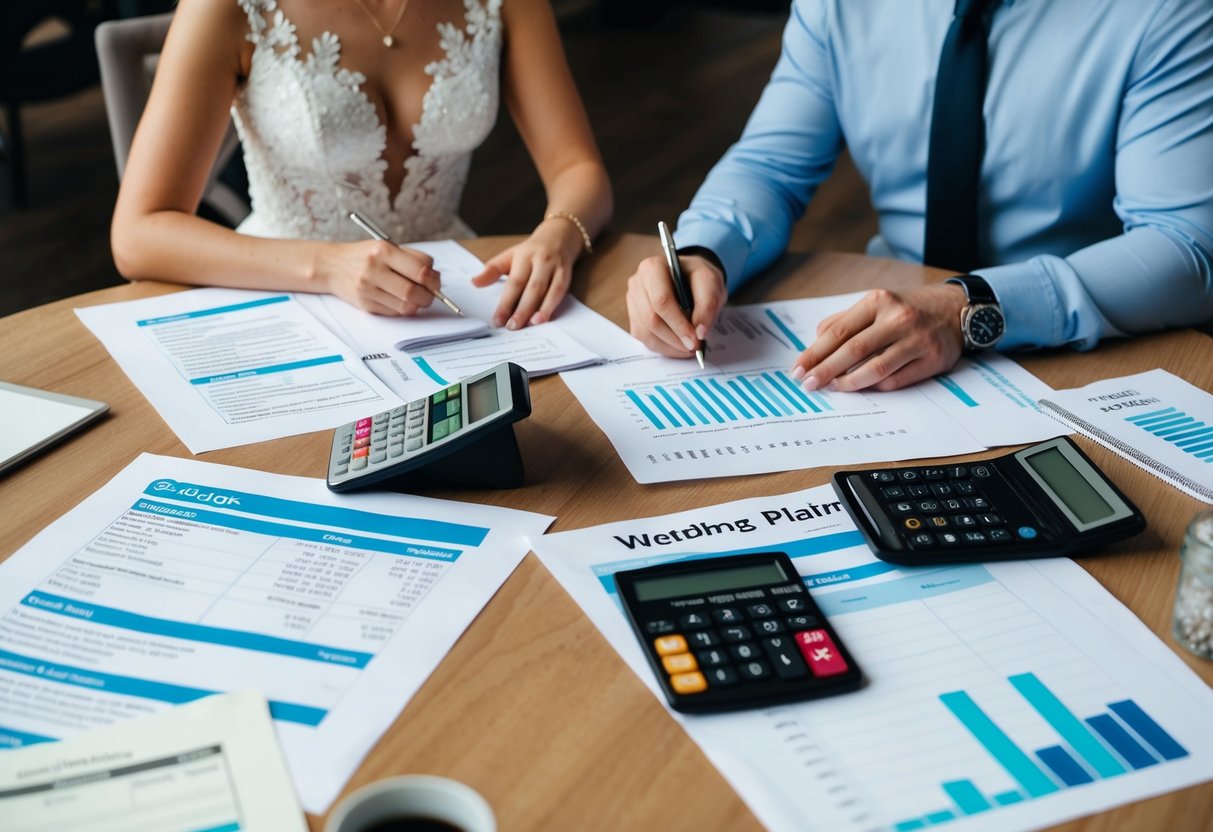 A couple sits at a table covered in wedding planning documents, calculators, and a budget spreadsheet. They discuss and make notes, ensuring no costs are overlooked