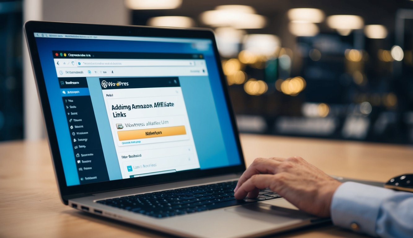 A laptop displaying a WordPress dashboard with a highlighted section for adding Amazon affiliate links. A mouse cursor hovers over the link insertion button