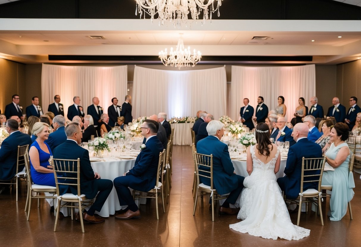 A wedding reception with two separate seating areas for the divorced parents of the bride, each with their own group of family and friends, maintaining a respectful distance