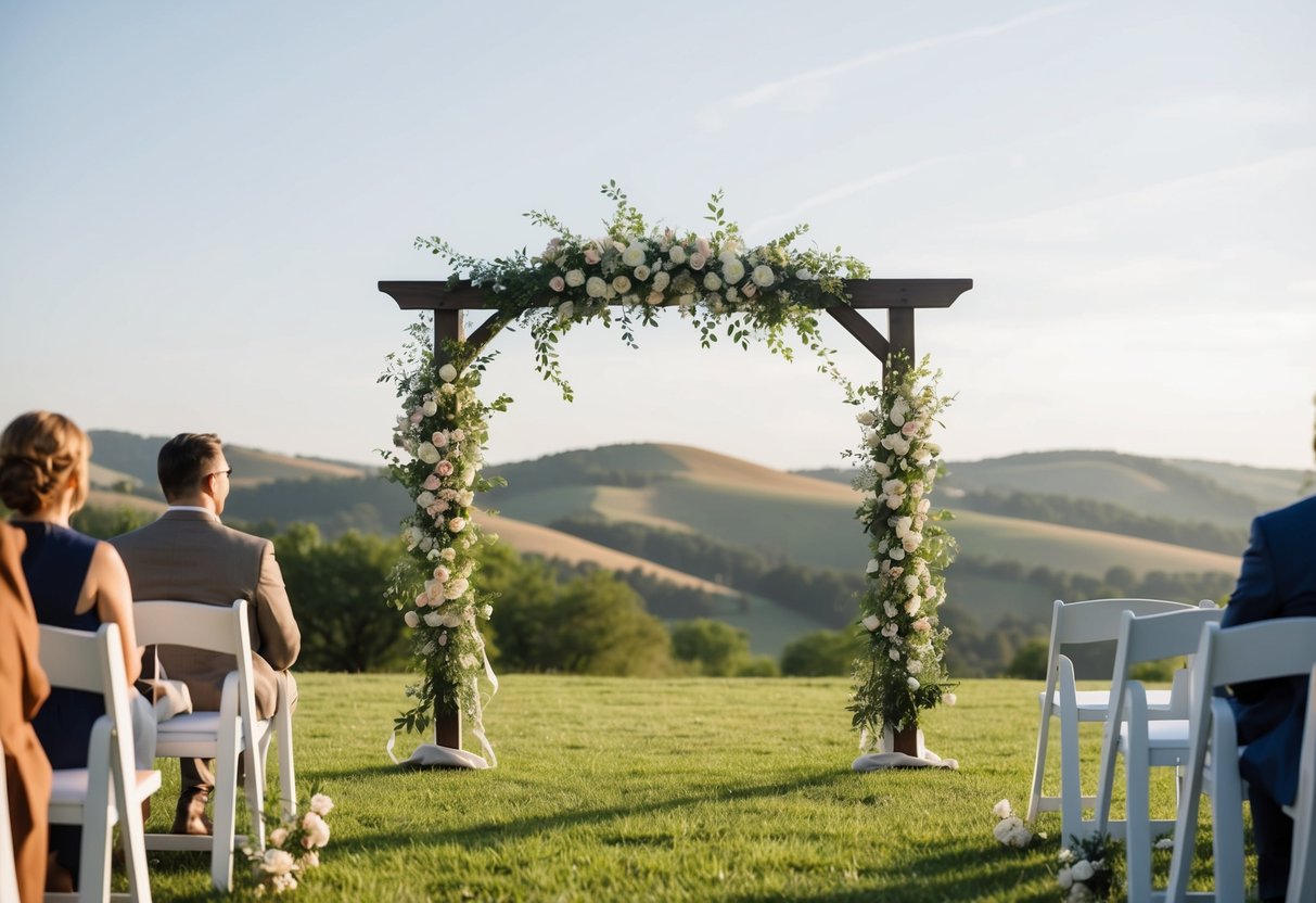 A simple outdoor wedding under a flower-covered arch with a view of rolling hills in the background