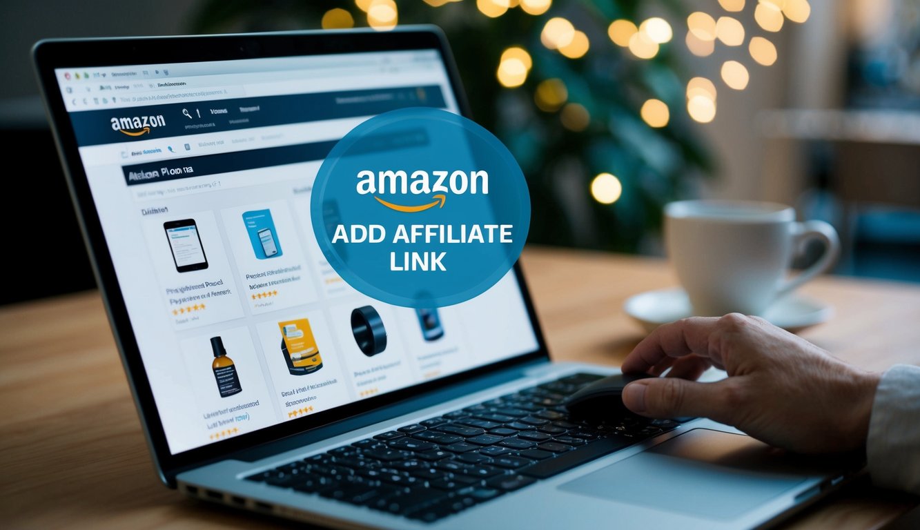 A laptop open to a WordPress dashboard with Amazon product pages displayed, a mouse hovering over the "Add Affiliate Link" button