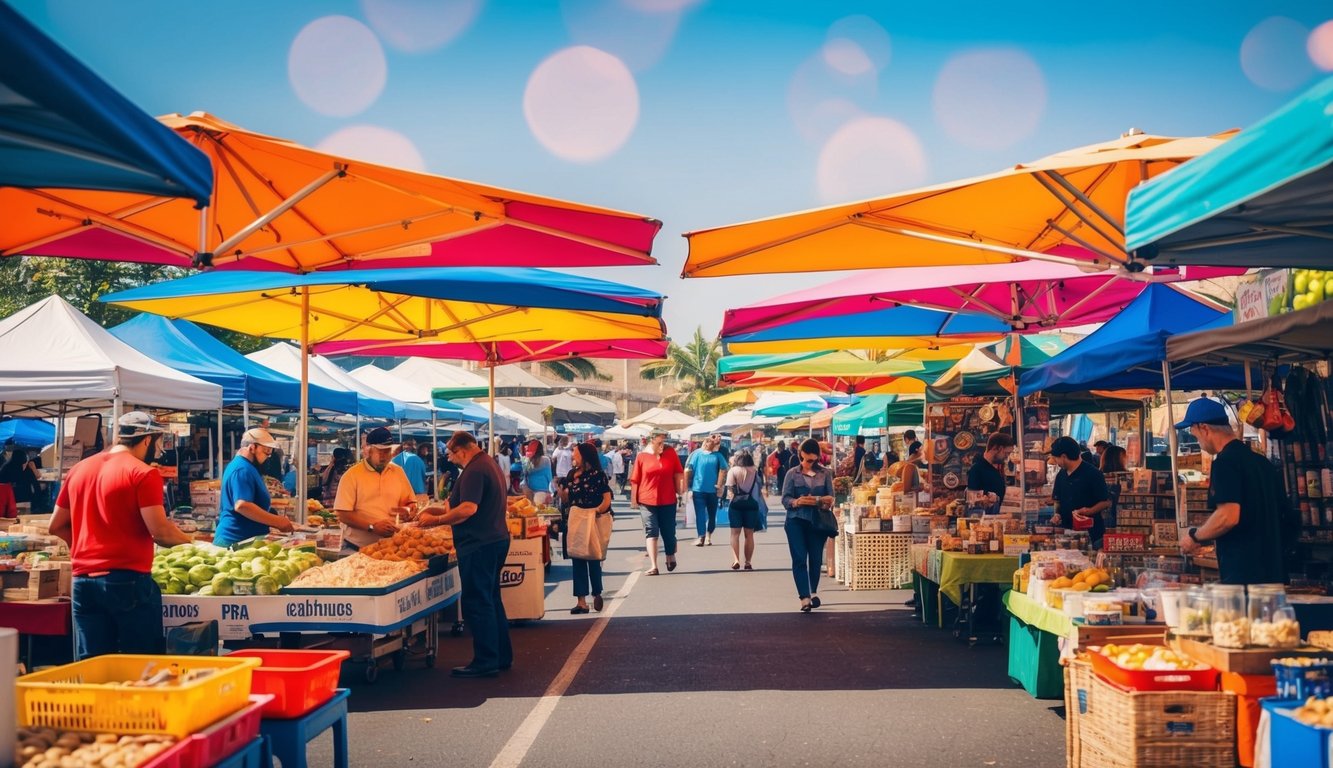 A bustling marketplace with various vendors selling goods and services, from food to crafts, under colorful tents on a sunny day