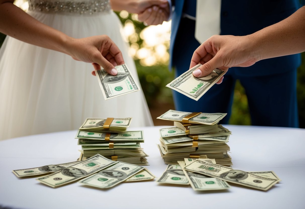 A table with two separate piles of money and envelopes, symbolizing financial contributions from divorced parents of the bride
