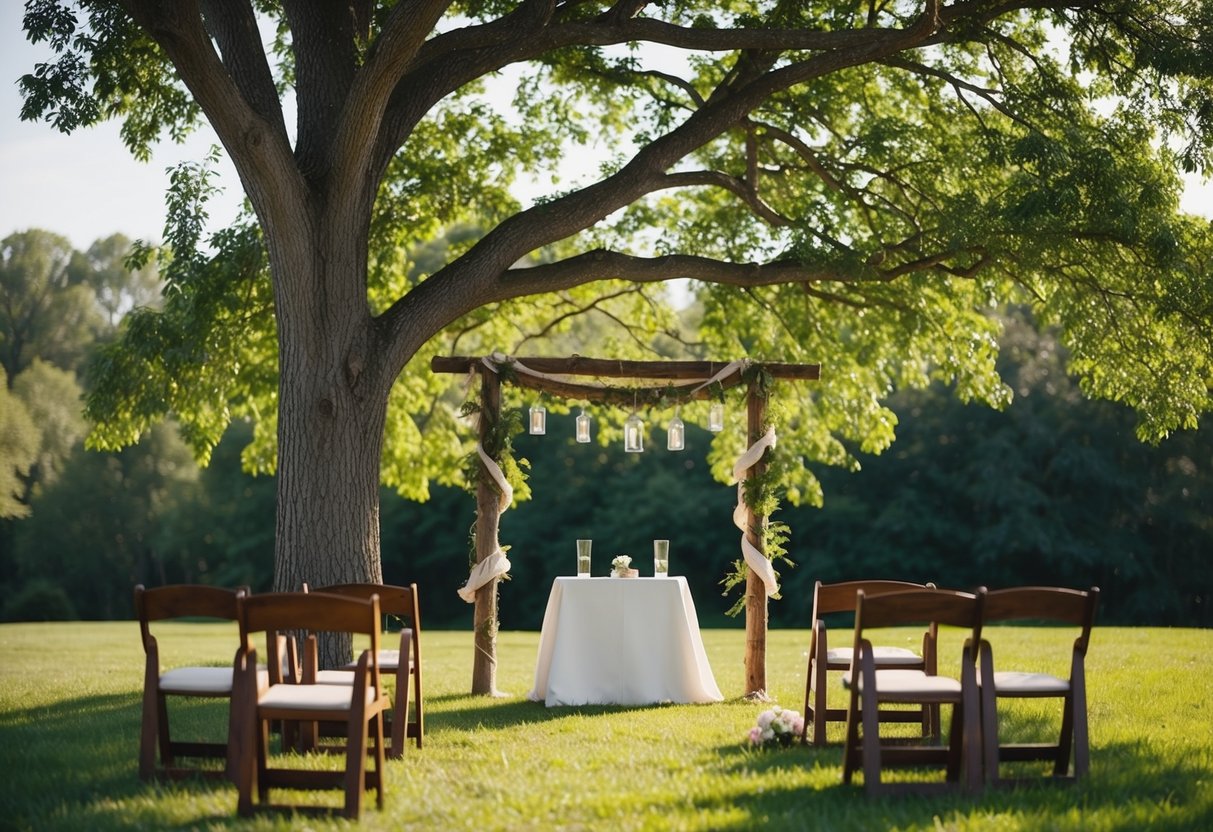 A simple outdoor wedding under a tree with a makeshift altar made of recycled materials