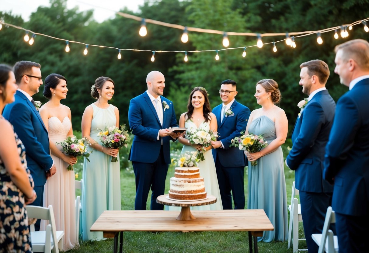 A simple outdoor wedding ceremony with a small group of guests, decorated with wildflowers and string lights, with a budget-friendly homemade cake and DIY decorations