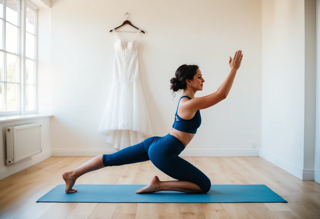 A woman doing yoga in a bright, airy room with a wedding dress hanging in the background