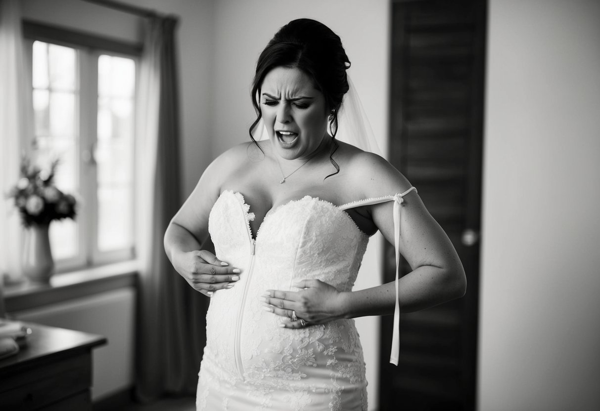 A woman in a wedding dress struggles to zip it up over her protruding belly, looking frustrated and defeated