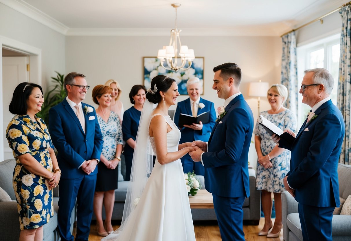 A couple stands in their living room, surrounded by family and friends, exchanging vows in front of an official marriage registrar