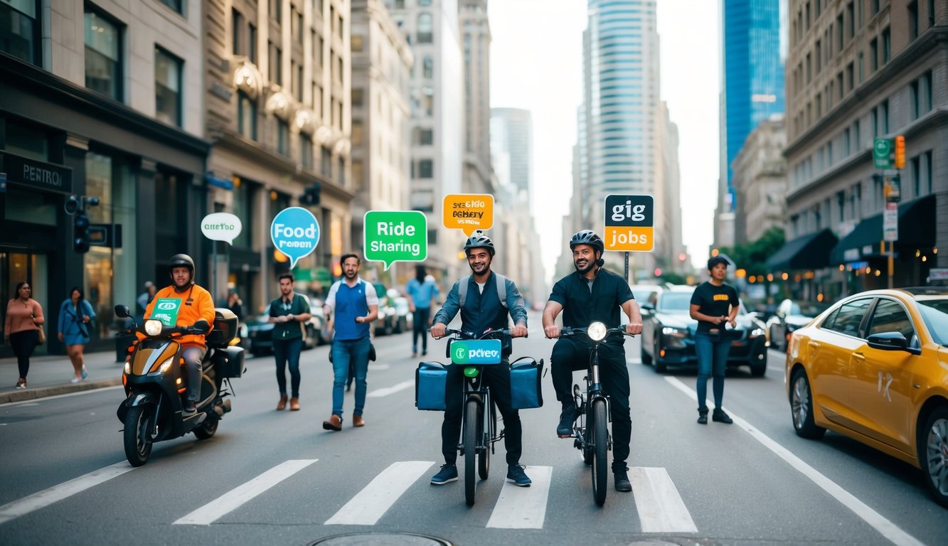 A bustling city street with various gig jobs being performed: food delivery, ride sharing, street performing, and freelance work