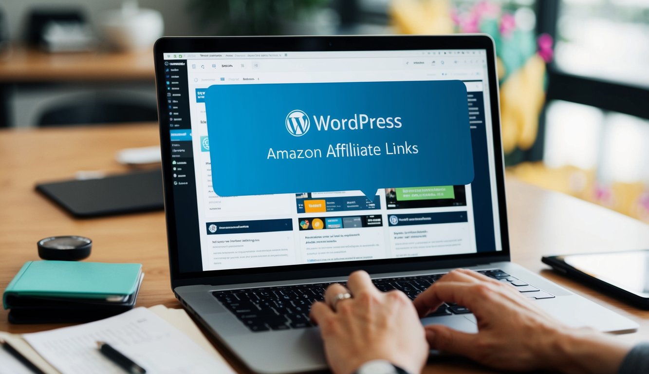 A laptop displaying a WordPress dashboard with a highlighted section for adding Amazon affiliate links. Multiple tabs open with tutorials and examples