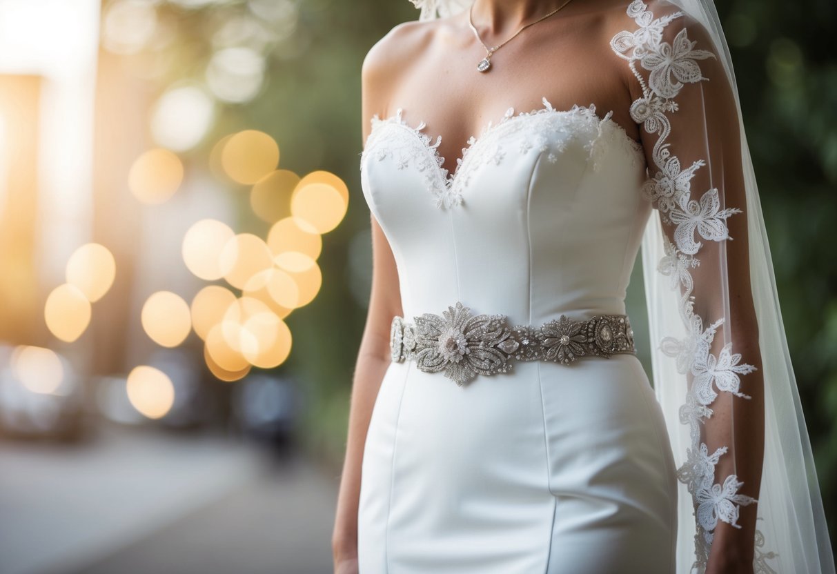 A wedding dress with slimming design details and accessories like a statement belt and delicate lace veil