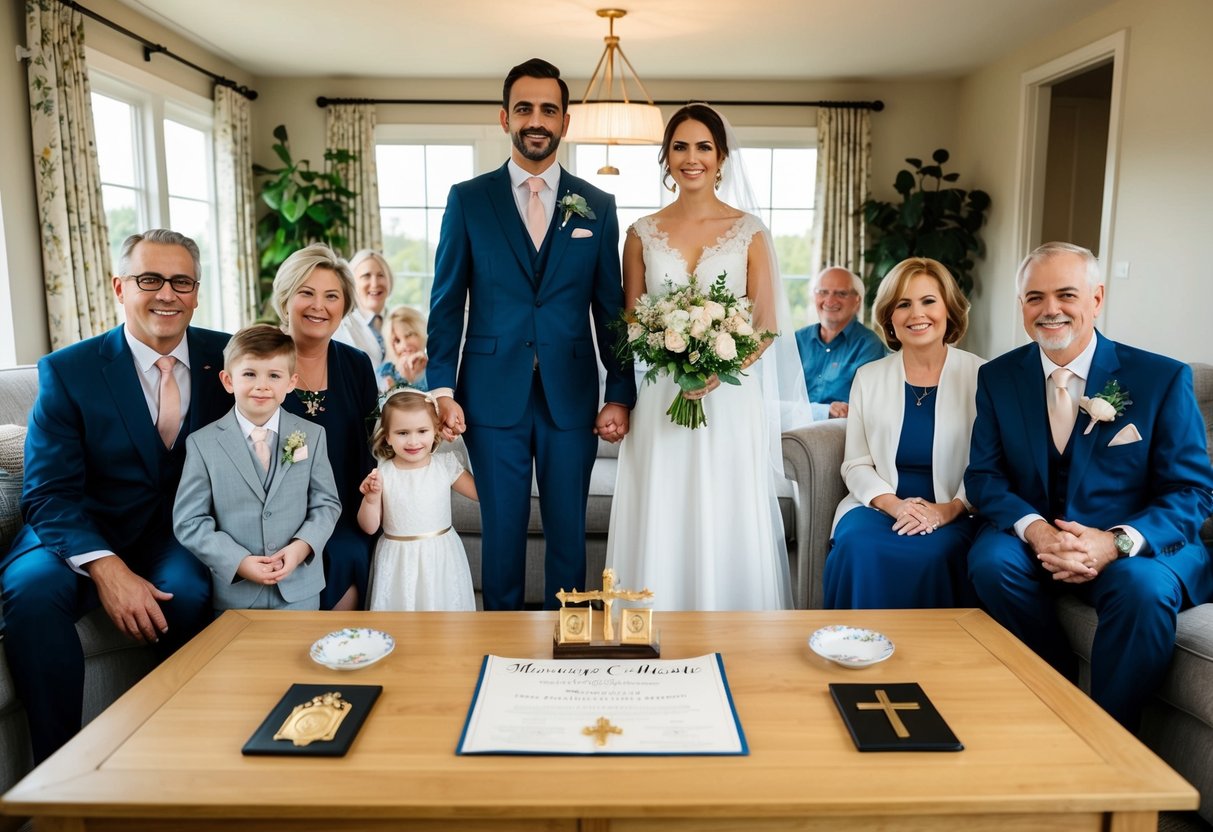 A couple stands in a cozy living room, surrounded by family and friends. A marriage certificate and religious symbols sit on a table