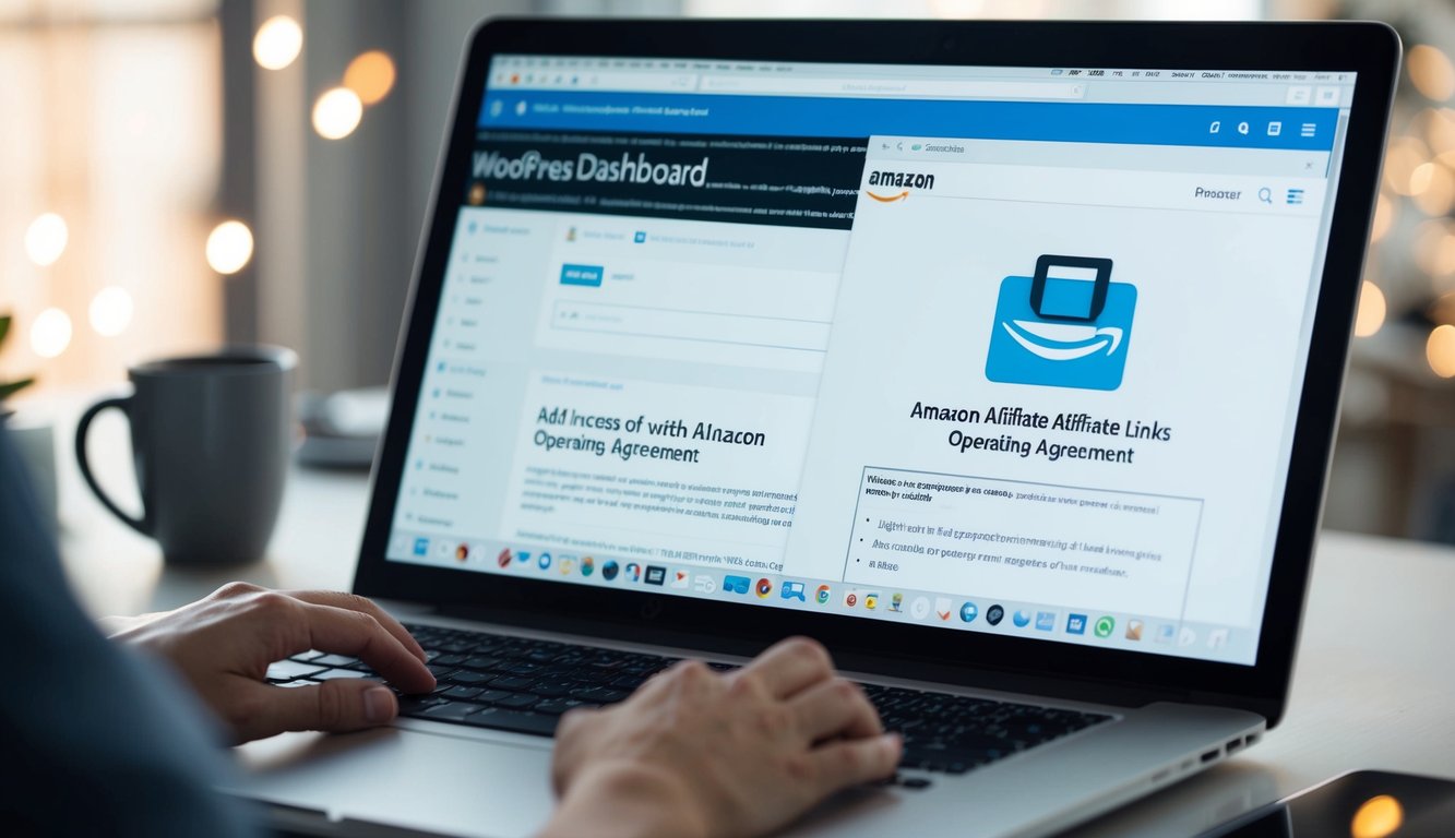A computer screen displaying a WordPress dashboard with a blog post open, showing the process of adding Amazon affiliate links in compliance with Amazon's Operating Agreement