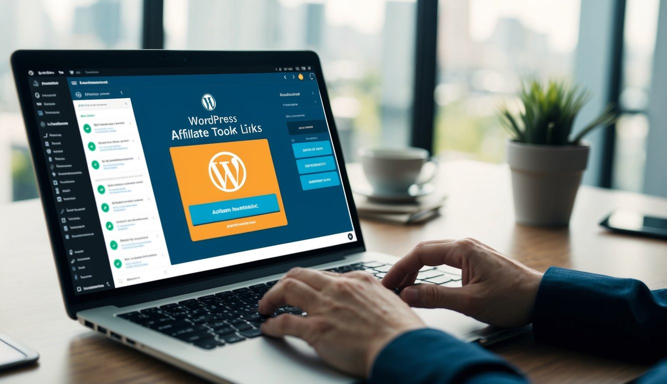 A laptop screen displaying a WordPress dashboard with a section for adding Amazon affiliate links. Multiple tabs open with performance tracking tools