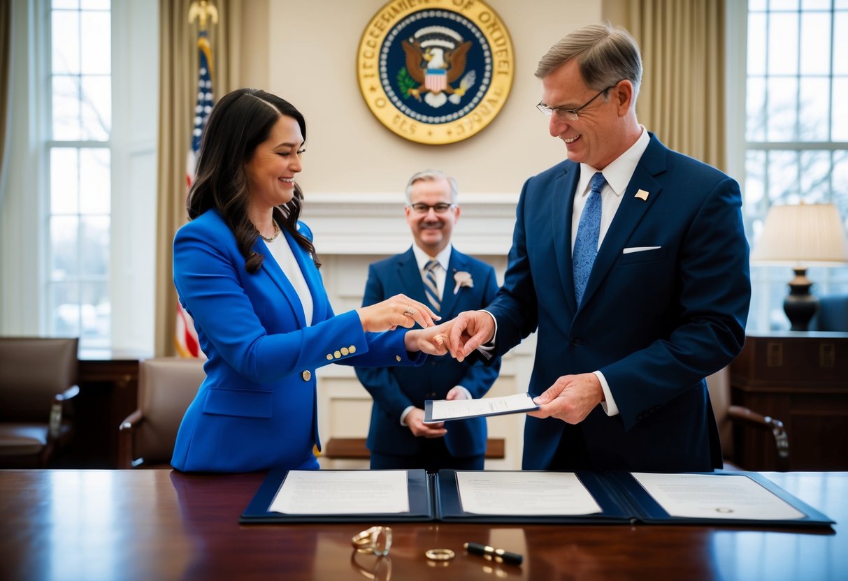 A couple standing before a government official, exchanging rings and signing documents in a government office