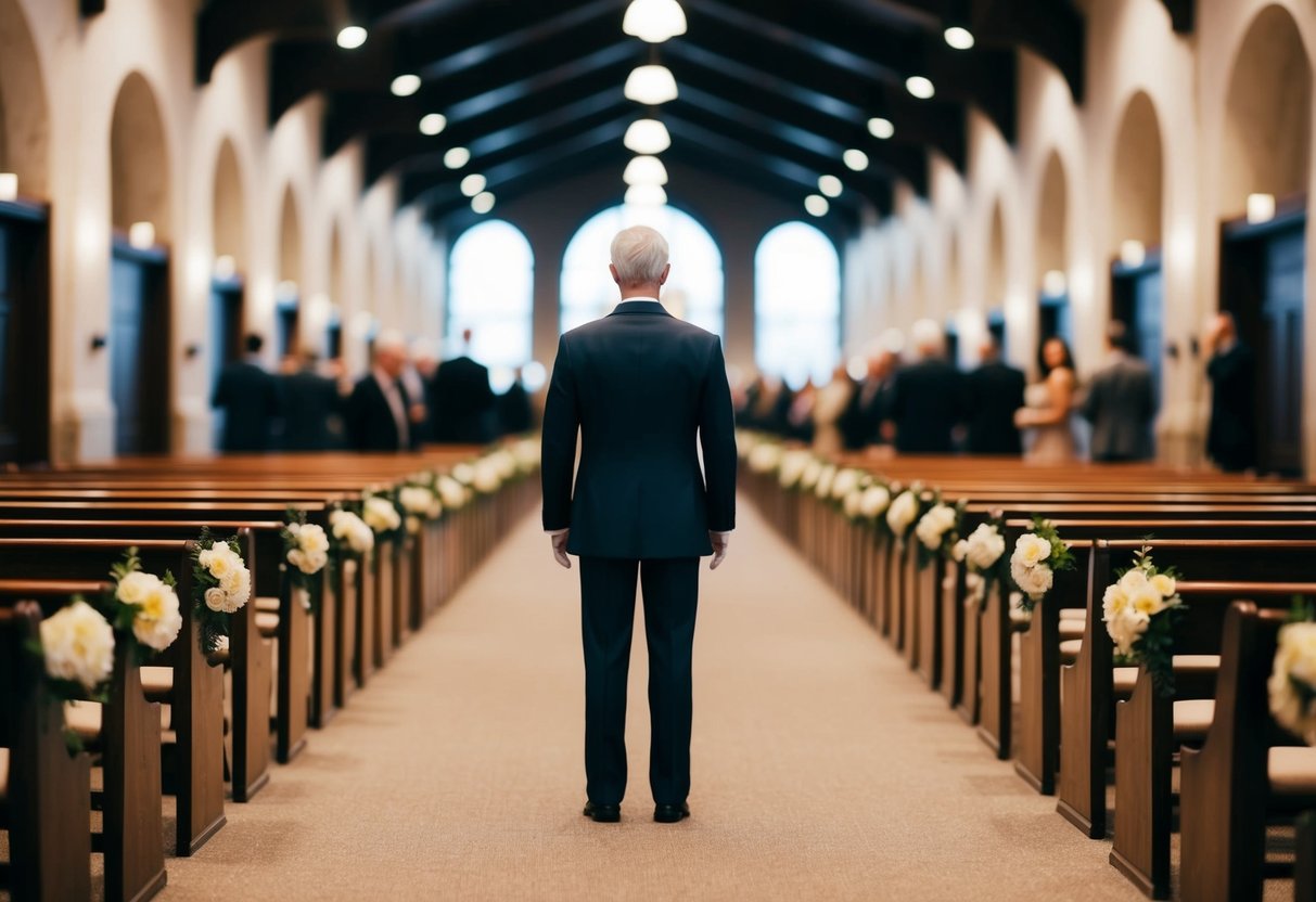 A figure stands at the end of a long aisle, facing away