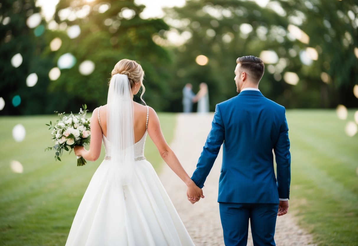 A bride and groom stand back to back, holding hands, with a sense of anticipation and excitement in the air