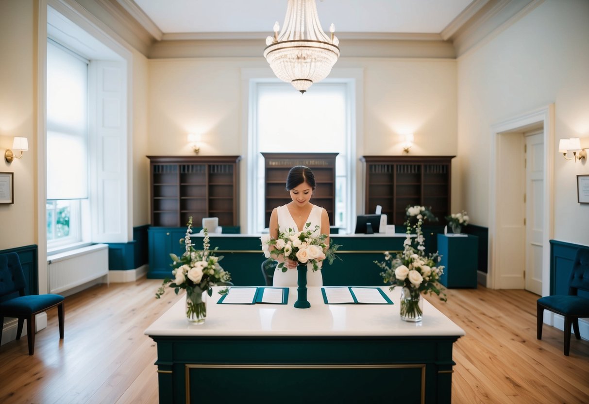 A simple, elegant registry office with a small, intimate ceremony taking place at the front desk