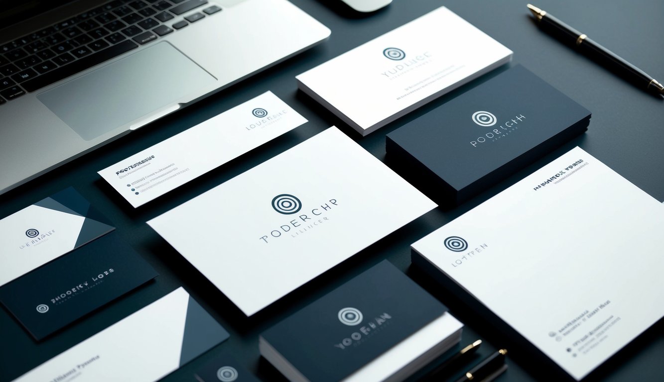 A sleek, modern logo displayed on a business card, with a matching letterhead and website banner