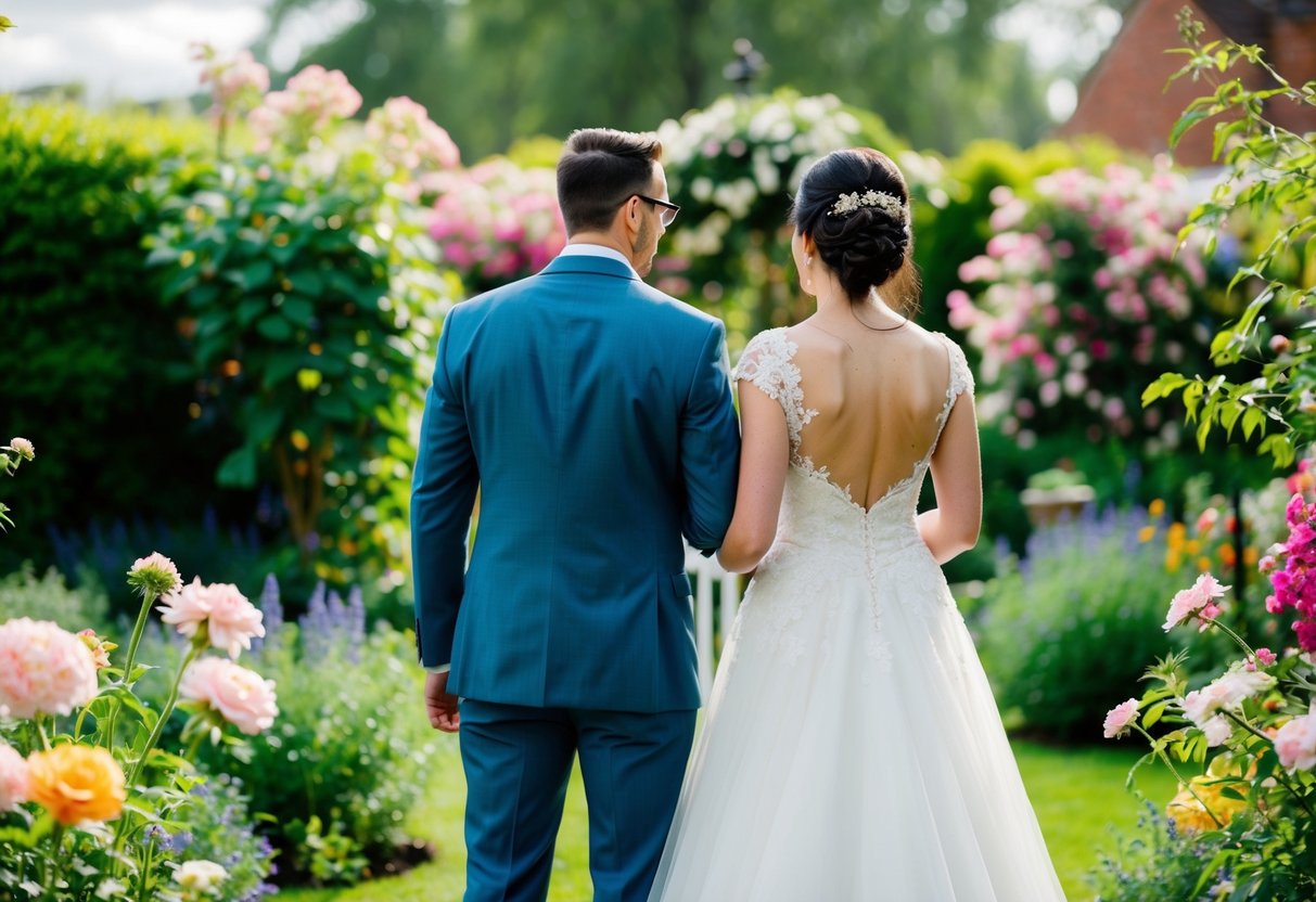 A bride and groom stand back to back in a garden, surrounded by blooming flowers and lush greenery. The groom turns around to see his bride for the first time, both filled with emotion