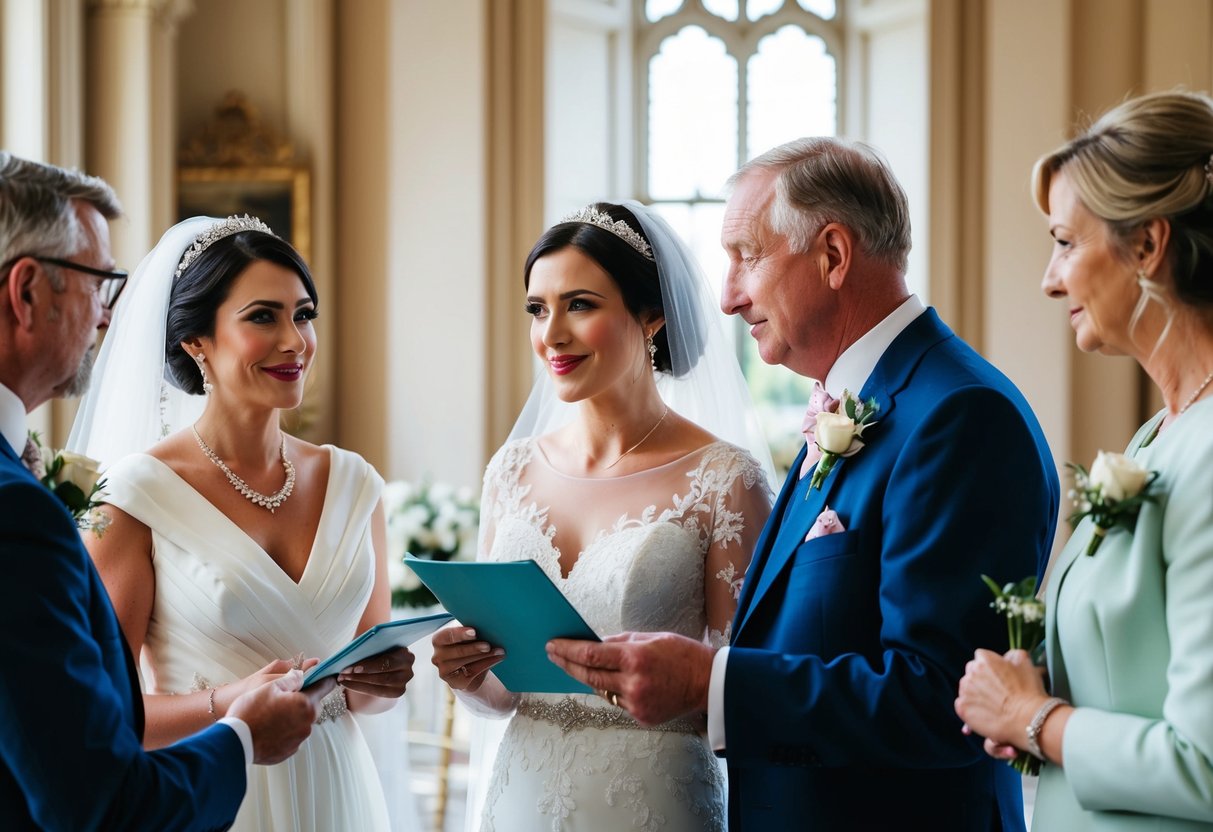 A traditional British wedding scene with a bride's parents discussing finances with a wedding planner