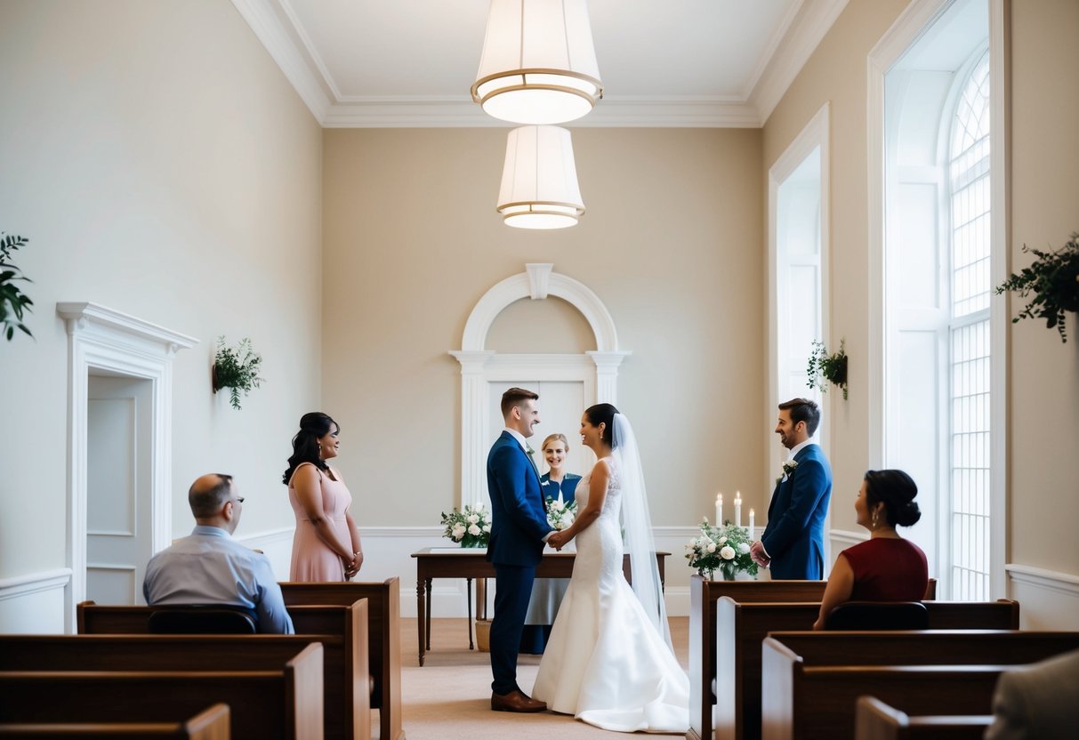 A simple, elegant registry office with a small, intimate ceremony taking place between two people