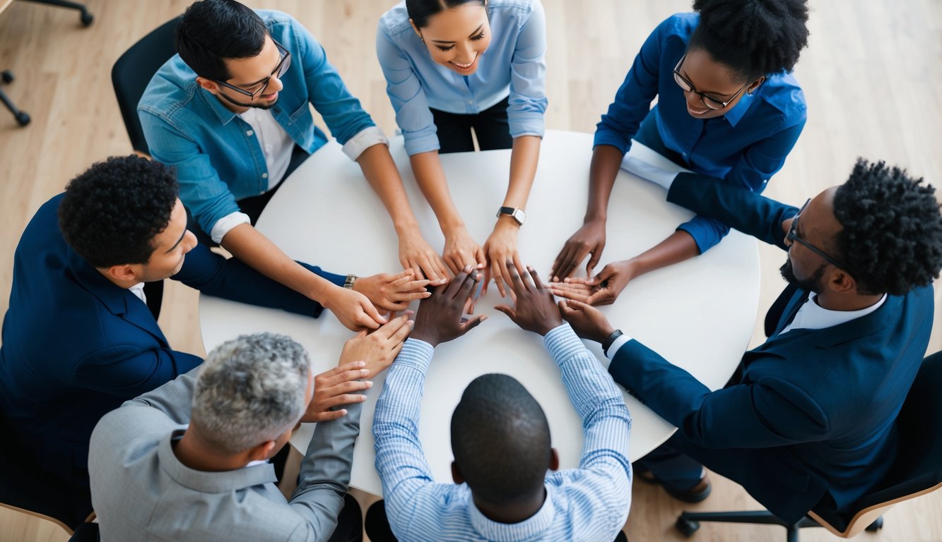 A group of diverse individuals working together, sharing ideas and connecting with each other in a collaborative and professional environment