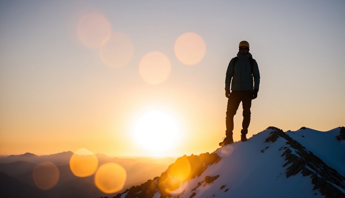 A person's silhouette standing confidently atop a mountain peak, with a glowing sun in the background