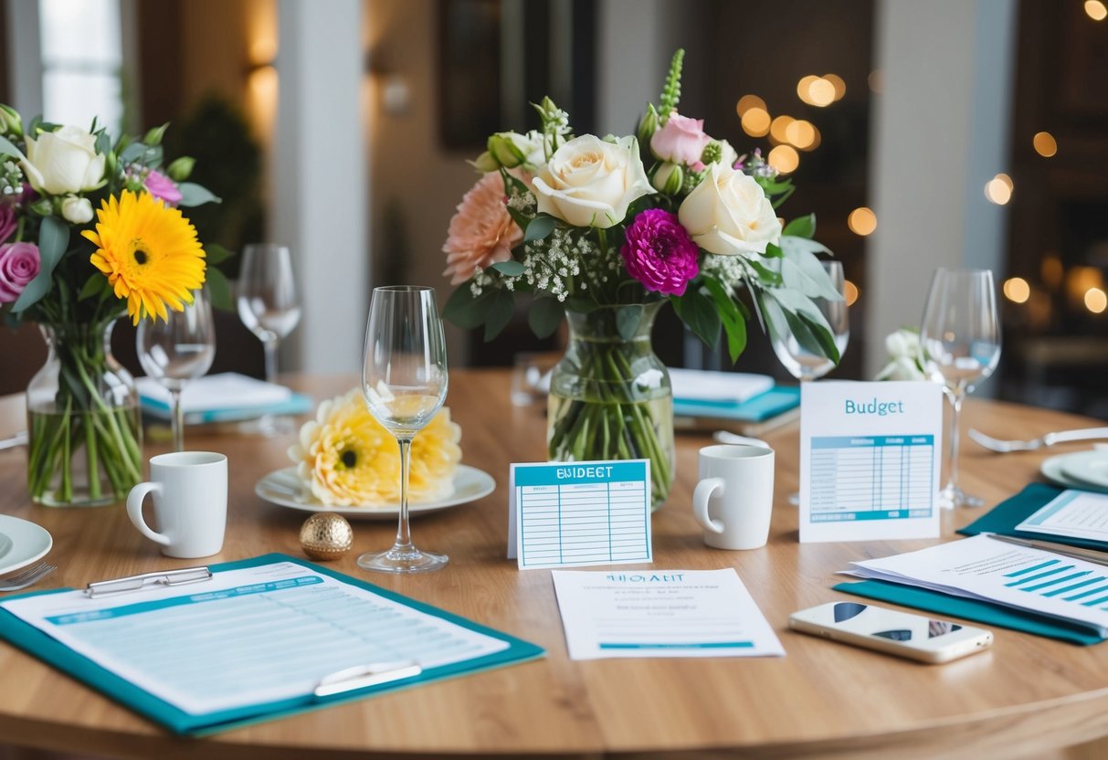A table set with a variety of wedding-related items, such as flowers, invitations, and a budget spreadsheet