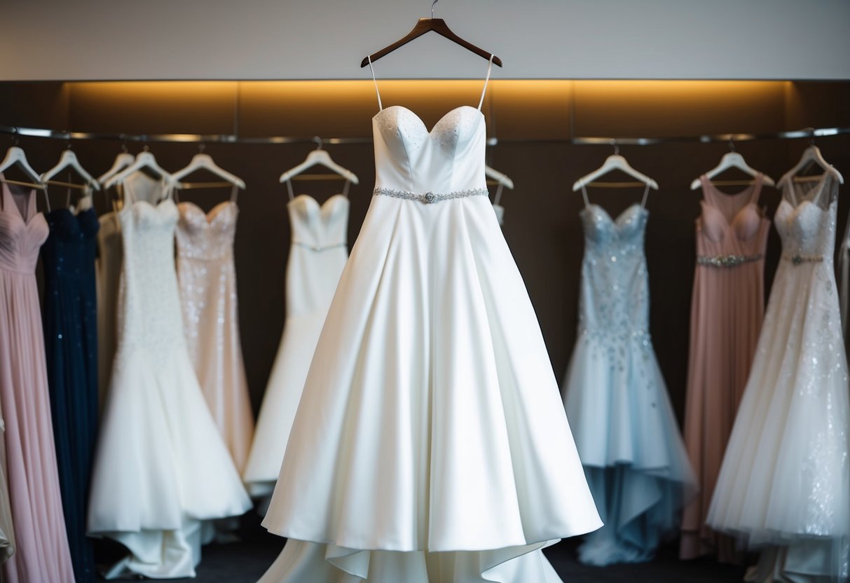 A size 10 wedding dress hanging on a mannequin, surrounded by other dresses in a boutique showroom